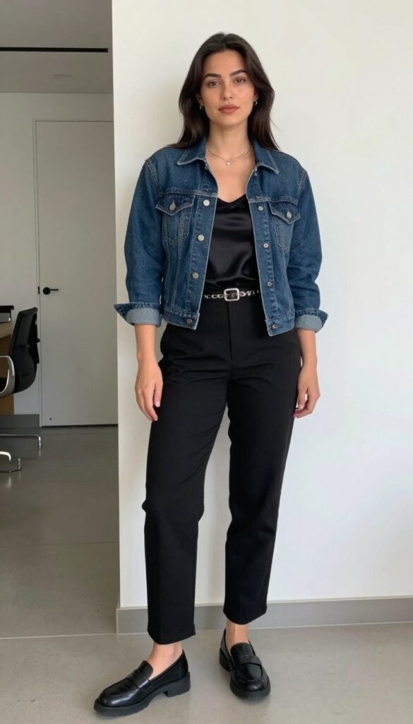 5. Dark Wash Denim Jacket + Black Silk Camisole + Tailored Trousers