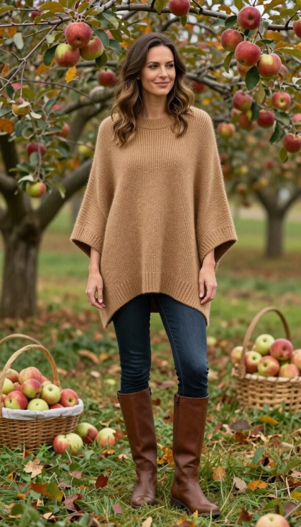 13. Knit Poncho with Skinny Jeans and Riding Boots