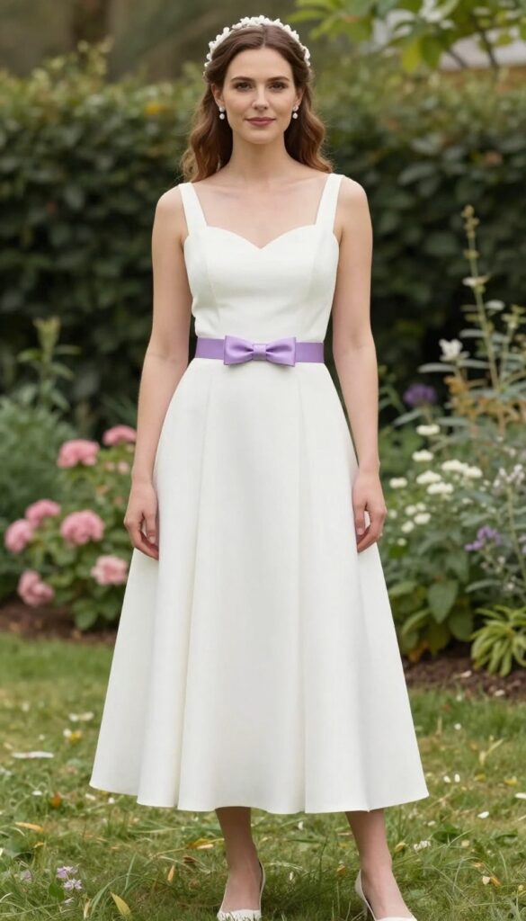 Bride in white A-line wedding dress with sweetheart neckline and lavender satin bow belt, standing in sunlit garden.