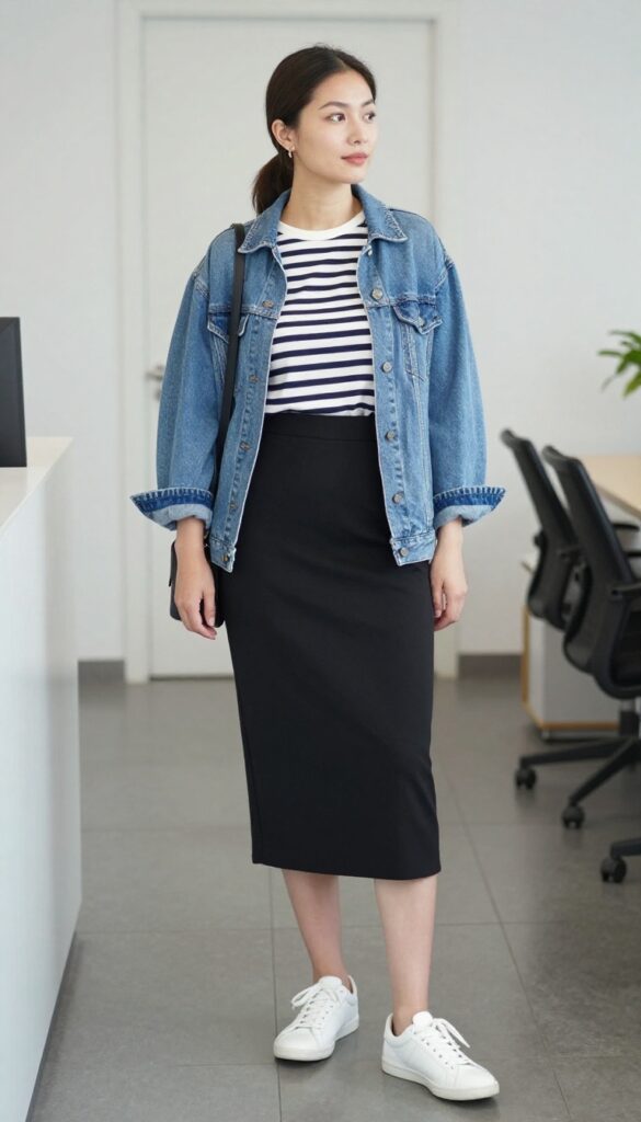 2. Black A-Line Skirt + Striped Breton Top + White Sneakers