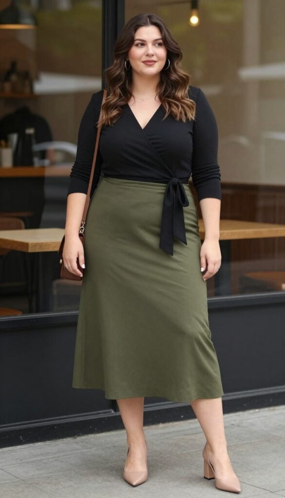 4. Wrap Top with A-Line Skirt