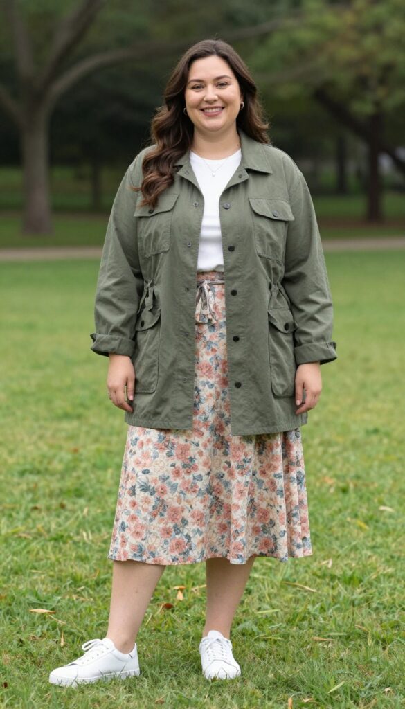 8. Olive Utility Jacket with a Floral Midi Skirt