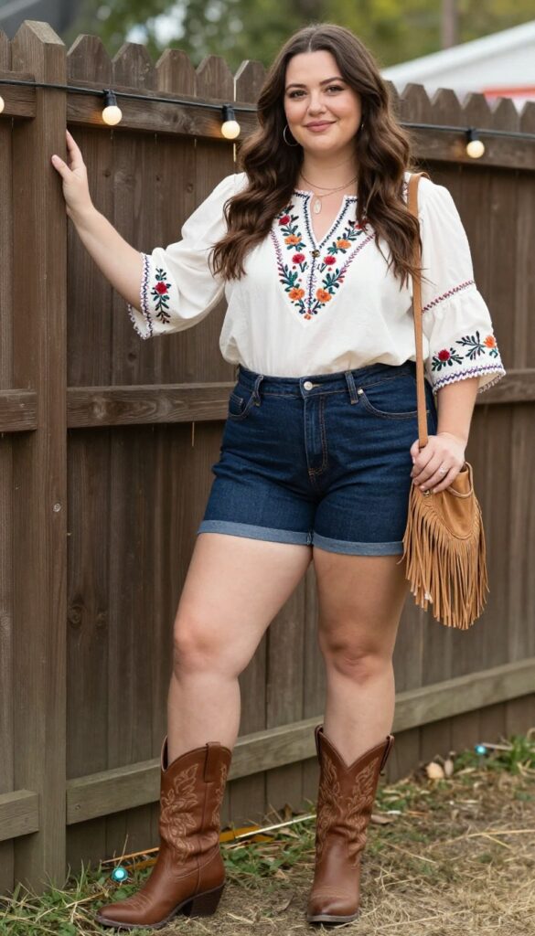 5. Festival Ready: Denim Shorts + Embroidered Blouse + Fringe Crossbody + Cowboy Boots