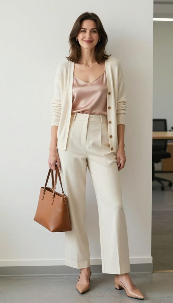 5. Cardigan + Silk Camisole + Wide-Leg Pants