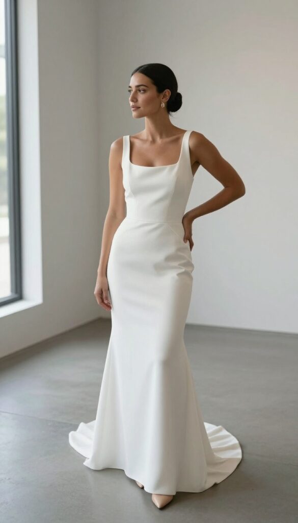 Bride in minimalist white crepe wedding gown with sculptural peplum and asymmetric neckline, standing in a modern art gallery, natural light, sleek low bun and gold hoops, nude heels.