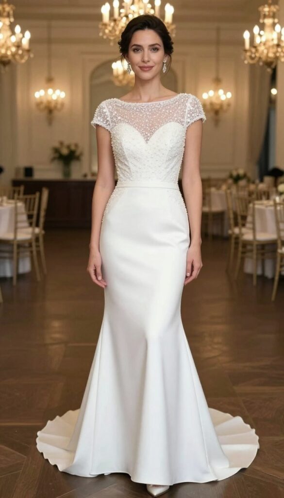 Woman in white mermaid wedding dress with cap sleeves and beaded bodice, standing in elegant ballroom