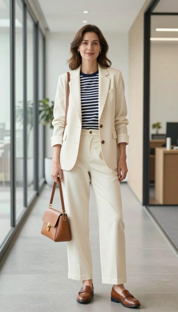 1. Cream Blazer + Striped Tee + Wide-Leg Trousers