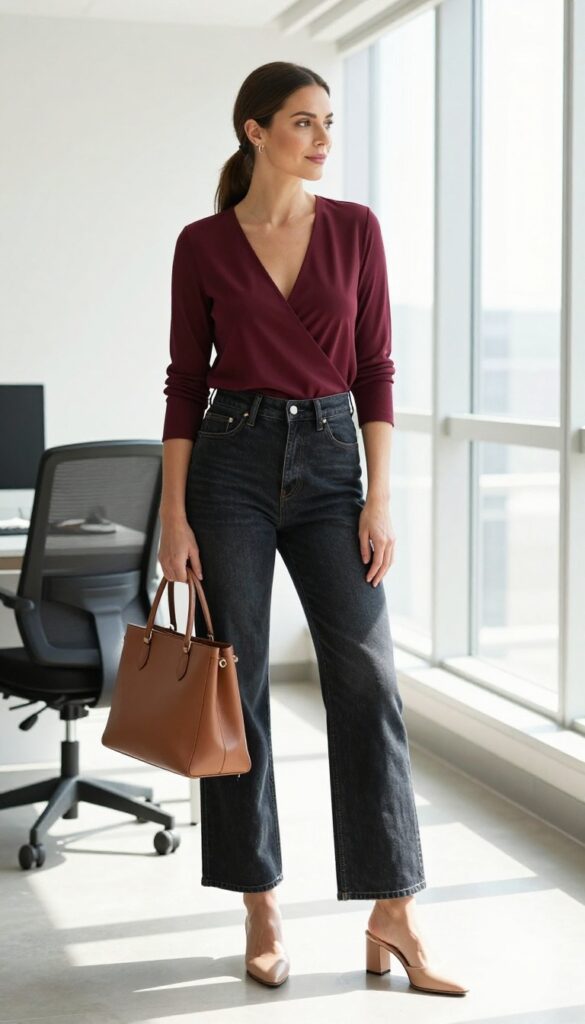 12. Wrap Top + Wide-Leg Jeans + Heeled Mules