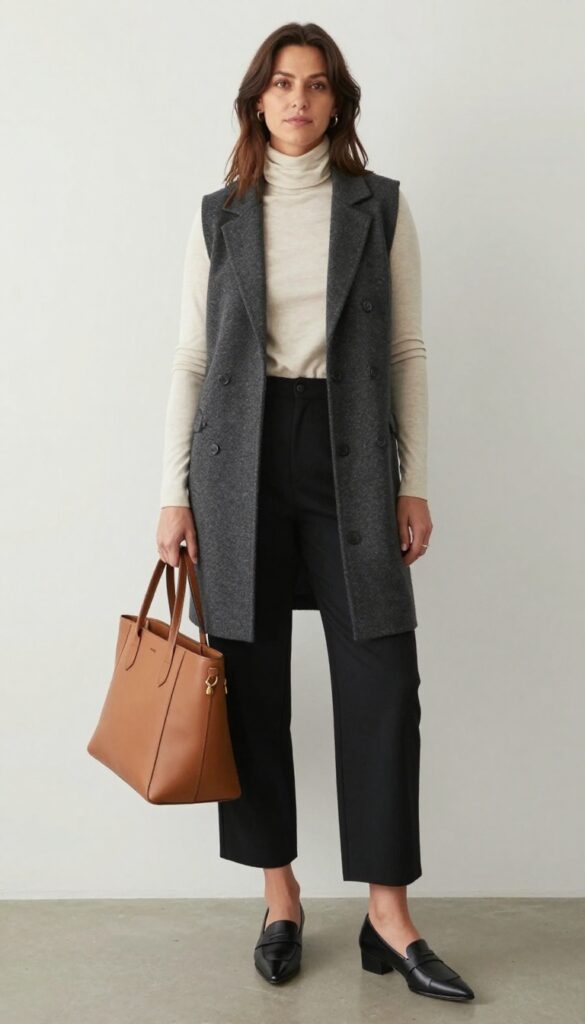9. Longline Vest + Turtleneck + Wide-Leg Cropped Pants