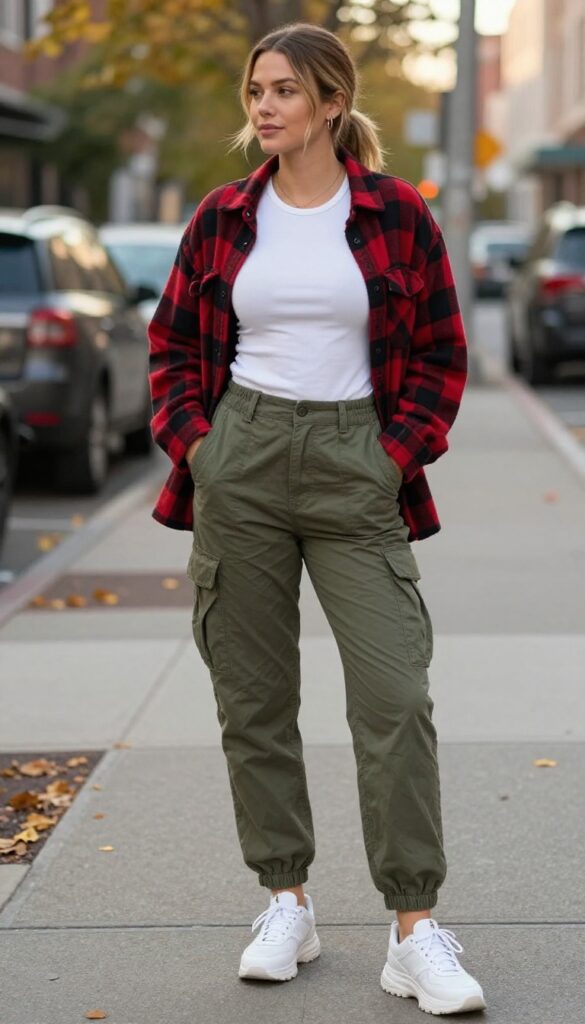 4. Cargo Pants with a Fitted Tank and a Flannel Shirt