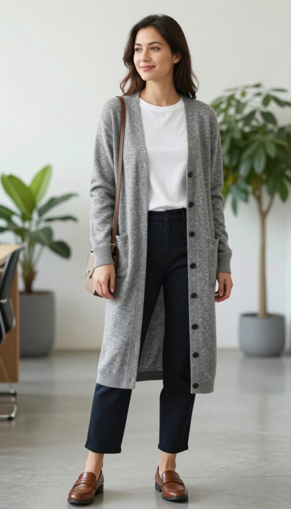 13. Long Cardigan + Basic Tee + Straight-Leg Pants + Loafers