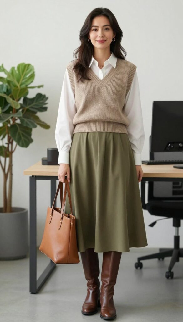 7. The Sweater Vest and Flowy Midi Skirt
