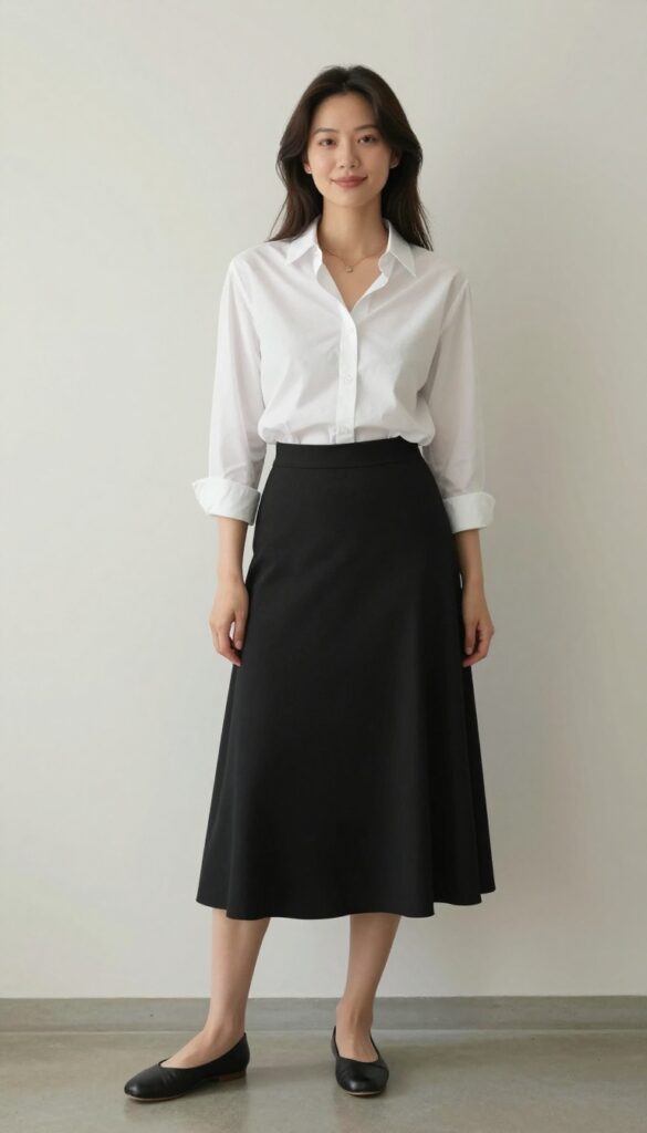 7. Black A-Line Skirt + Button-Down Shirt + Ballet Flats