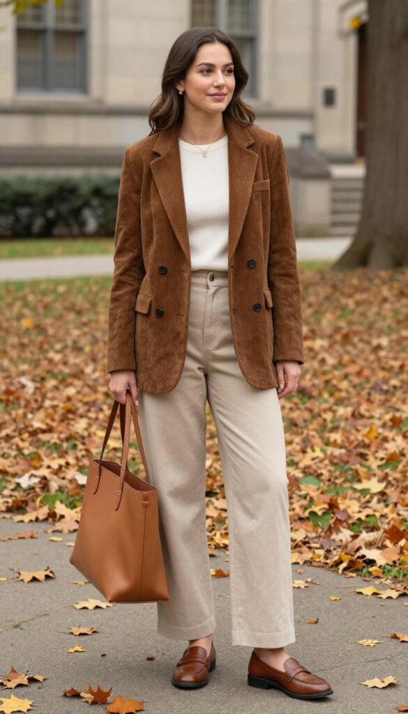 5. Corduroy Blazer with a Ribbed Knit Top and Wide-Leg Trousers