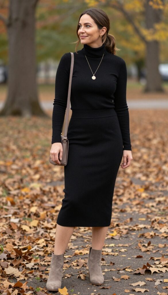 1. Midi Knit Skirt with Ankle Boots and a Turtleneck