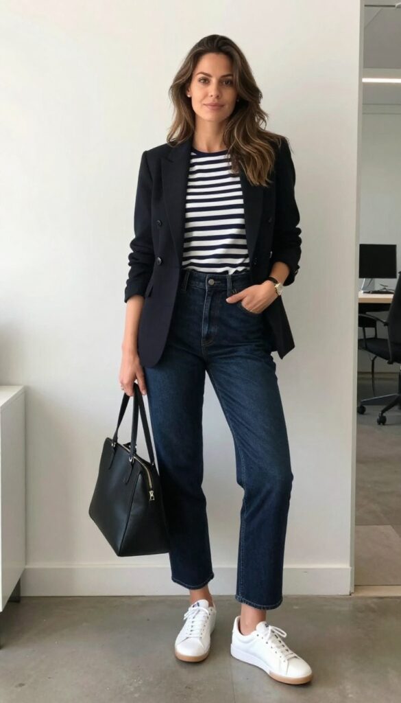 2. Striped Breton Top + High-Waisted Jeans + Blazer