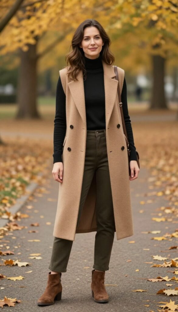 11. Long Vest + Turtleneck + Slim Trousers