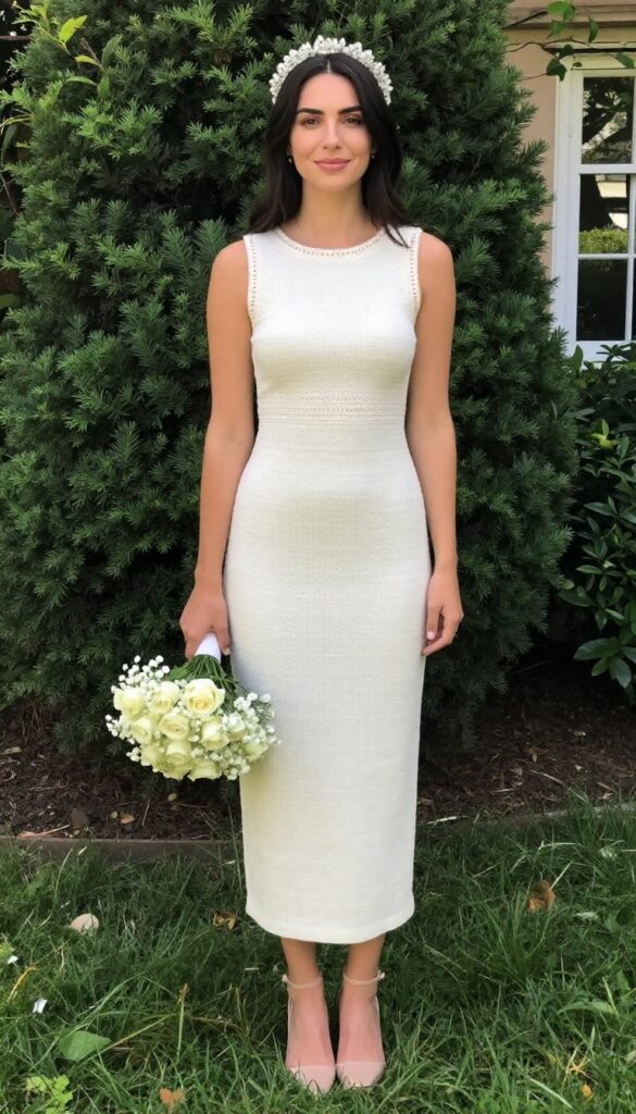 Young woman in off-white crochet shift dress with tiara, standing in sunlit garden, holding white bouquet, wearing strappy nude heels.