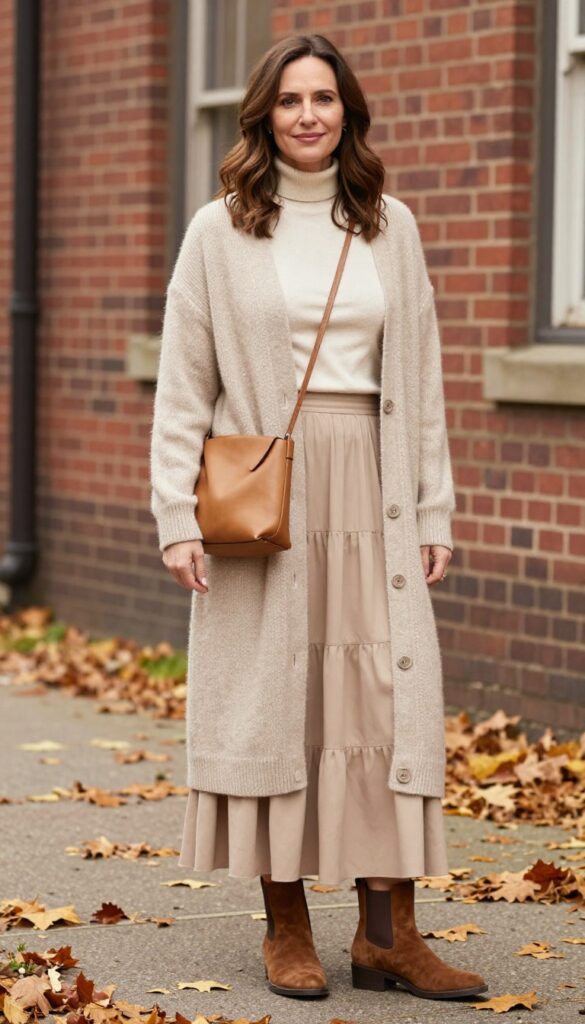 6. Cardigan + Tiered Maxi Skirt + Chelsea Boots