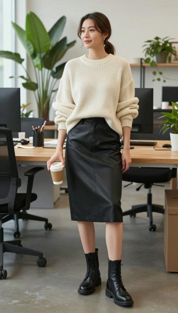 10. Black Leather Skirt + Oversized Sweater + Combat Boots