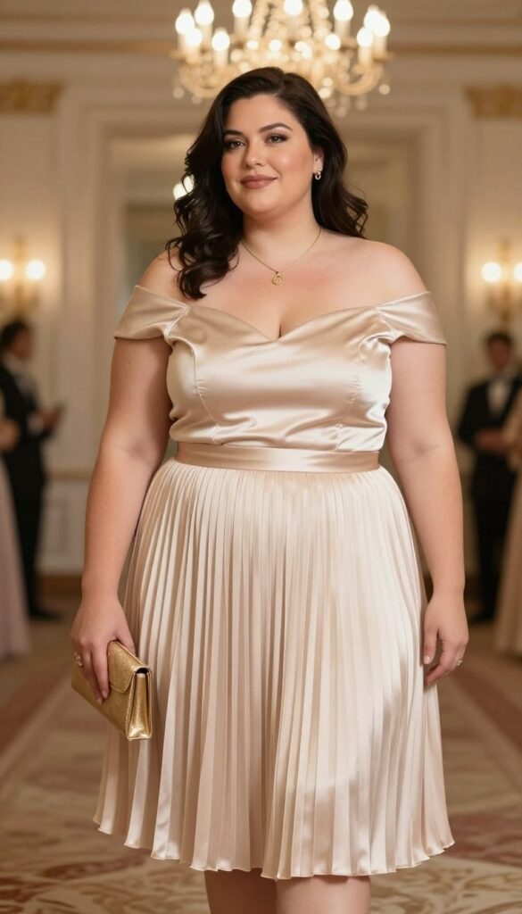 6. Off-Shoulder Top with a Pleated Maxi Skirt