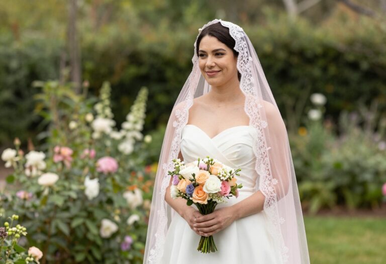 Woman in sweetheart wedding dress with pastel pink veil and pearl hairpins in garden