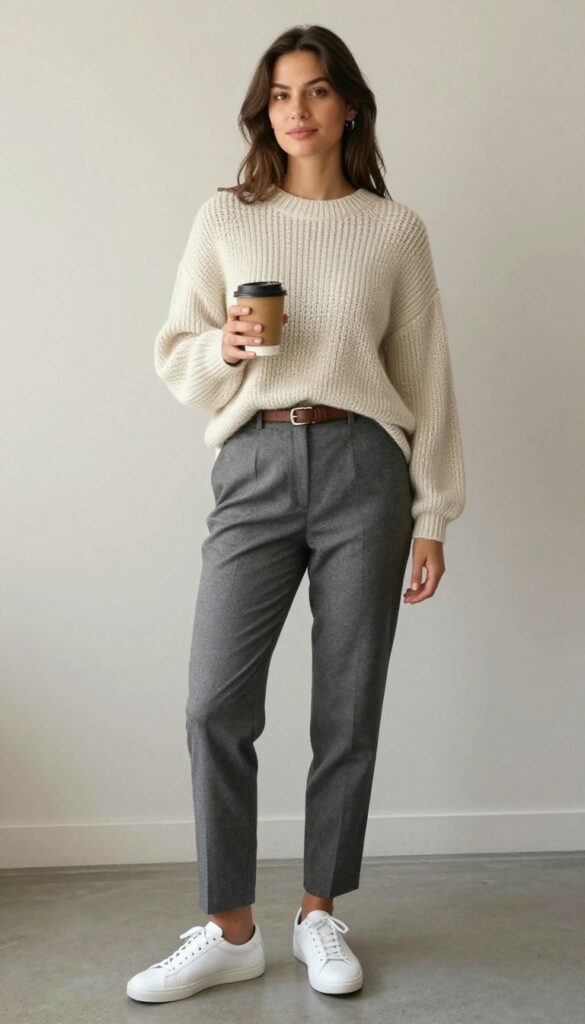 1. Tailored Trousers + Chunky Knit + White Sneakers
