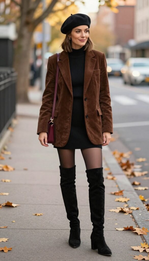 12. Corduroy Blazer + Mini Dress + Knee-High Boots