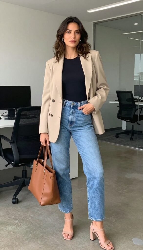 13. Beige Blazer + Bodysuit + High-Waisted Wide-Leg Jeans + Strappy Sandals