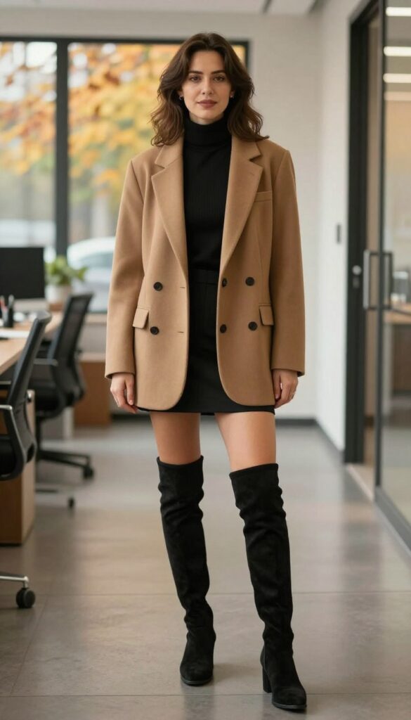 15. Oversized Blazer + Turtleneck + Mini Skirt + Over-the-Knee Boots
