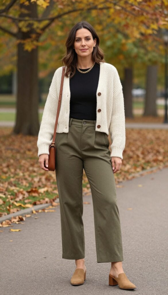 7. Chunky Knit Cardigan with Wide-Leg Trousers