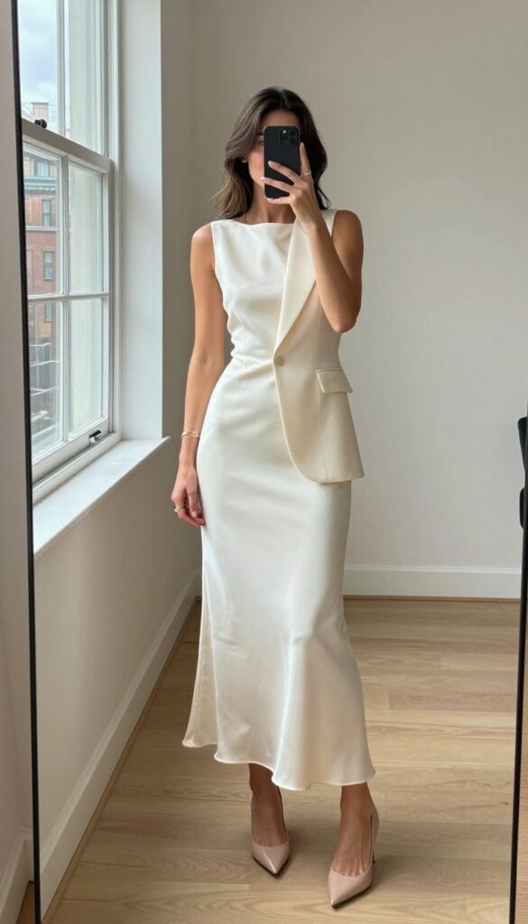 Woman in ivory column dress and blazer with nude pumps and clutch in bright loft