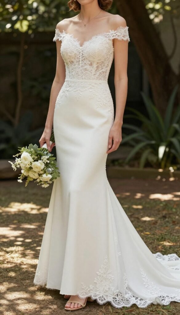 Woman in late 20s wearing white off-the-shoulder cap sleeve lace wedding dress with A-line skirt, holding wildflower bouquet in sunlit garden.