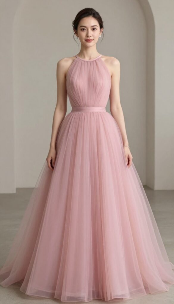 Young adult woman in rose pink high-neck ball gown with full tulle skirt, standing gracefully in a bright church or ballroom setting, soft lighting, Instagram-style photo.