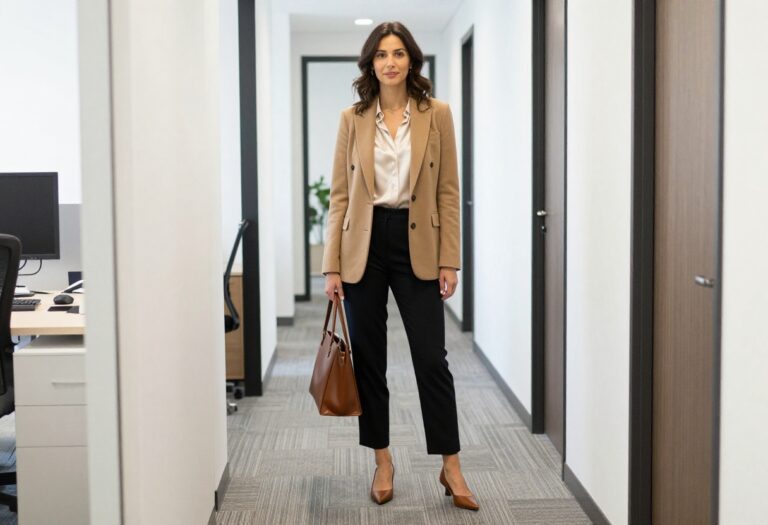 Woman in black trousers, cream blouse, and camel blazer standing in office hallway