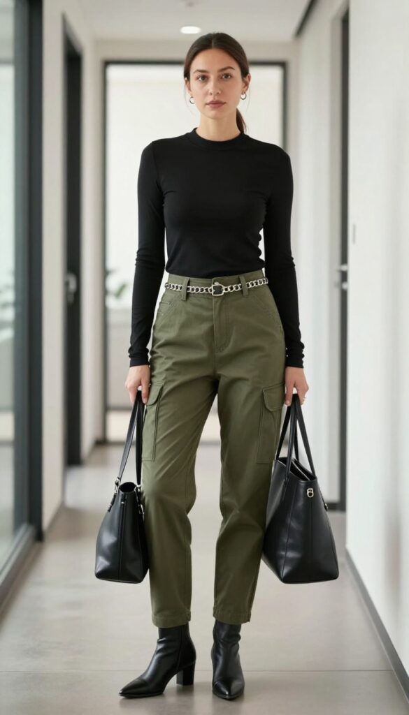 7. Black Mock Neck + Cargo Trousers + Heeled Boots