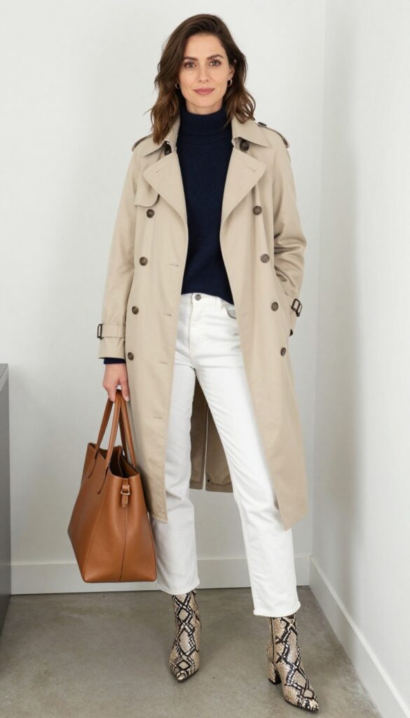 8. Beige Trench Coat + Navy Sweater + White Jeans + Snakeskin Print Boots
