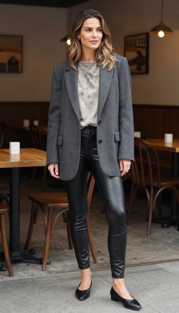 12. Blazer + Graphic Tee + Leather Leggings + Pointed Flats