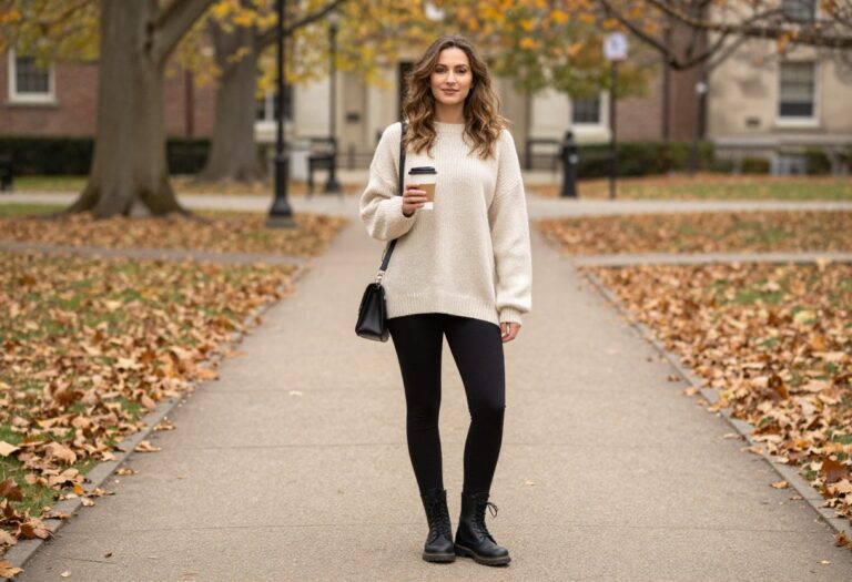 Young woman in fall school outfit with oversized sweater, leggings, and combat boots on campus