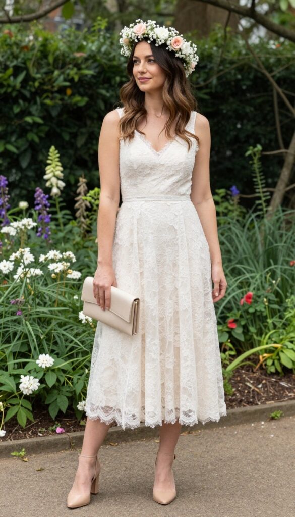 1. Lace A-Line Dress with a Floral Crown
