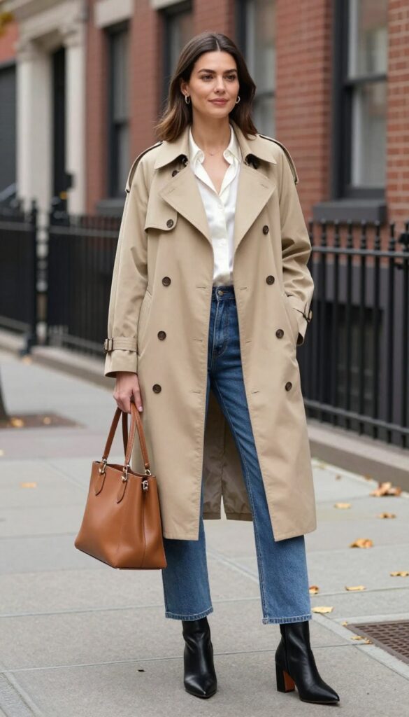 14. The Trench Coat + Jeans + Heeled Booties