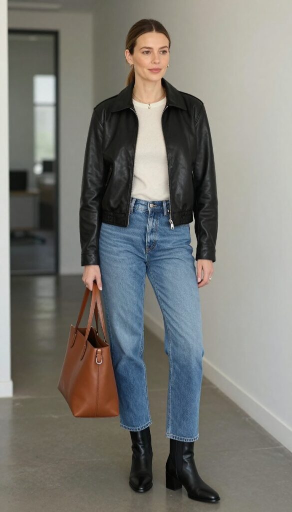 11. Leather Jacket + Knit Top + Bootcut Jeans