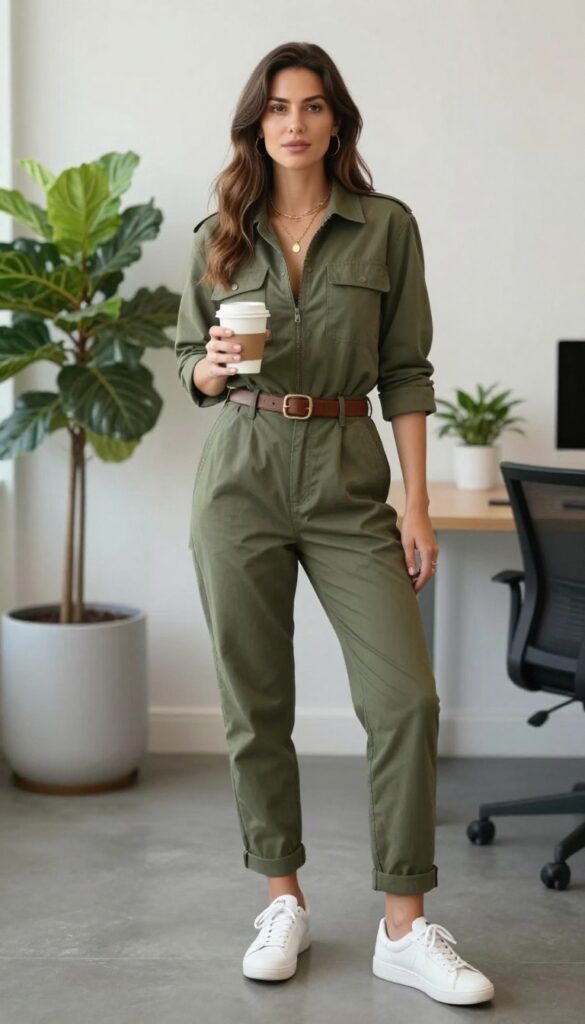 4. Utility Jumpsuit + White Sneakers + Layered Necklaces
