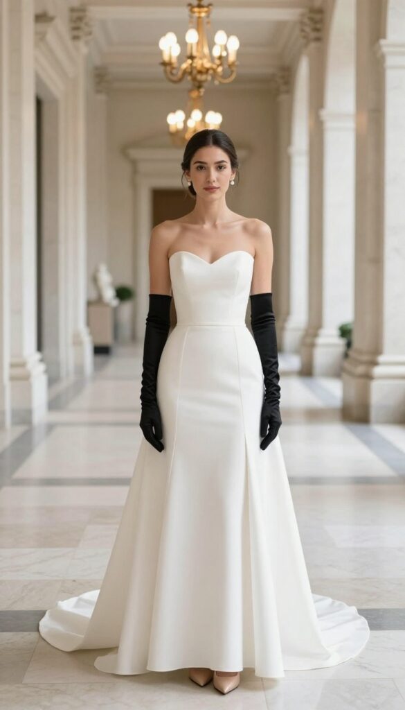 Woman in white drop waist wedding dress with black opera gloves and nude pumps standing in a grand museum hallway