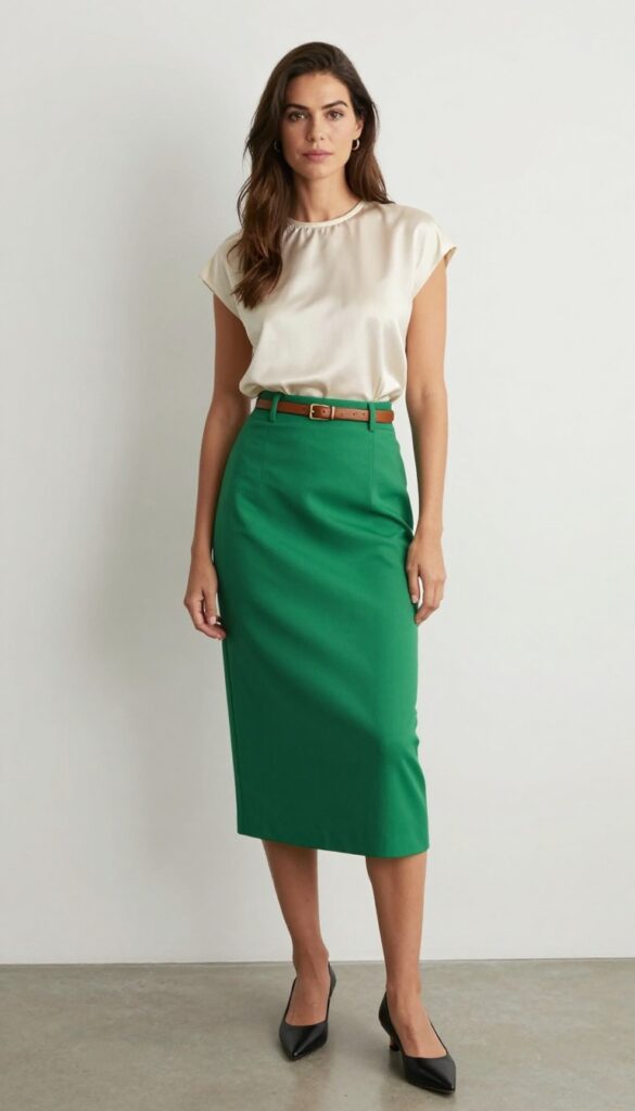 12. High-Waisted Skirt with a Tucked Blouse