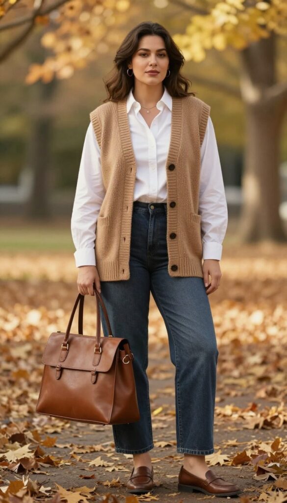 14. Oversized Knit Vest over a Button-Down Shirt with Straight Jeans
