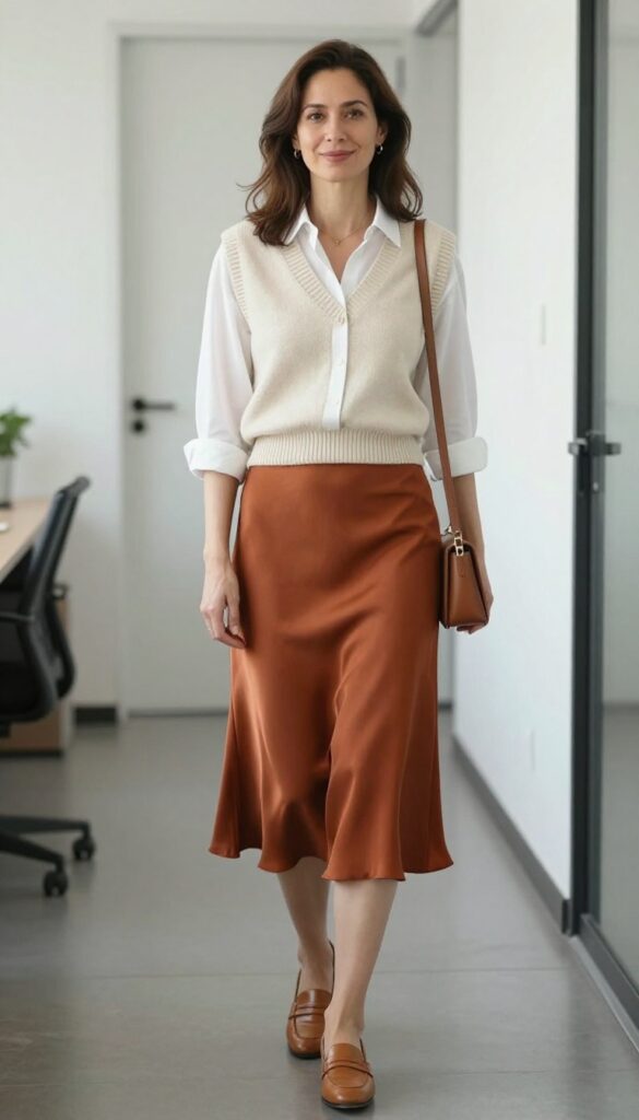 2. The Knit Vest and Flowing Midi Skirt