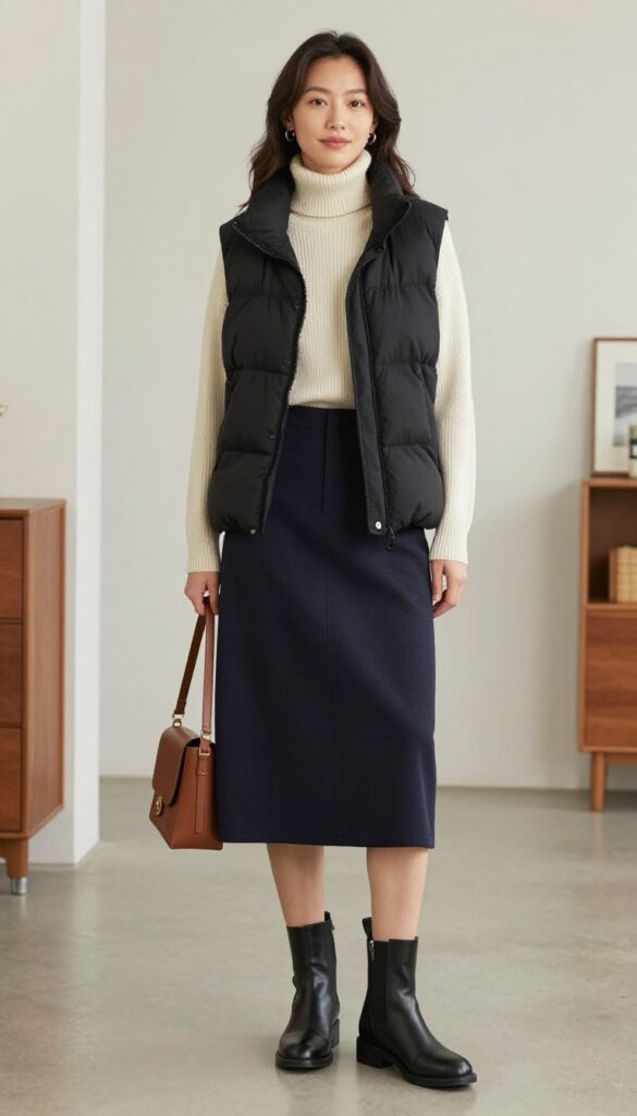 3. Quilted Puffer Vest with a Turtleneck and A-Line Skirt