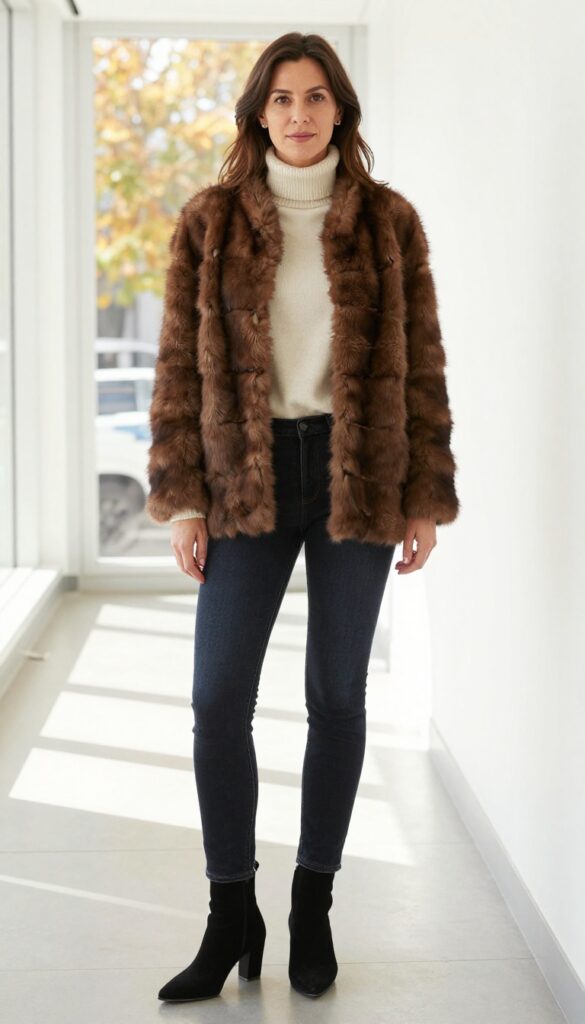 13. Faux Fur Vest + Turtleneck + Skinny Jeans