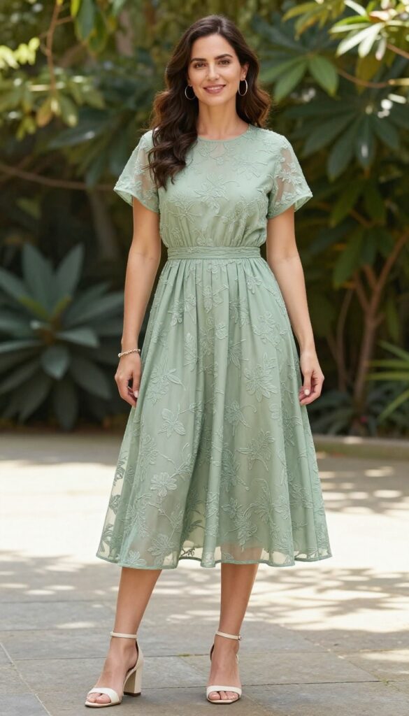 Sage green fit-and-flare dress with floral embroidery, gold hoop earrings, ivory block heels, soft waves, garden setting